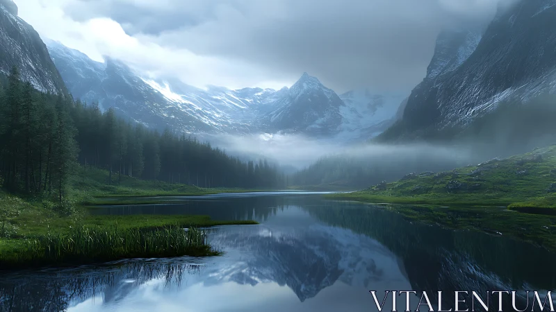 Misty alpine lake mirrors dramatic snowcapped mountain range