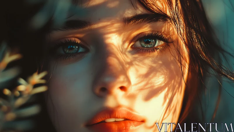 Sunlit close-up portrait with intense teal reflective eyes.