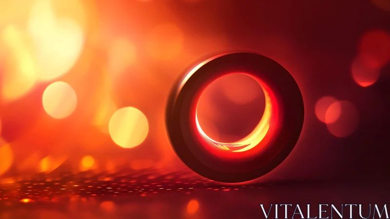 Close-up of camera lens with glowing bokeh, warm abstract style.
