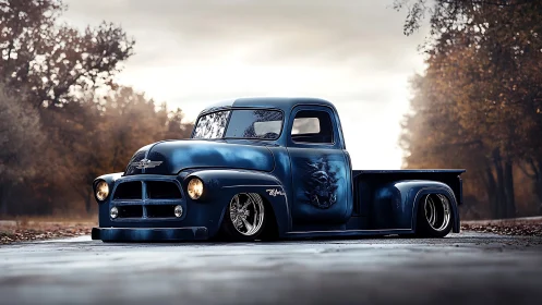 Custom slammed blue vintage truck on wet autumn road.