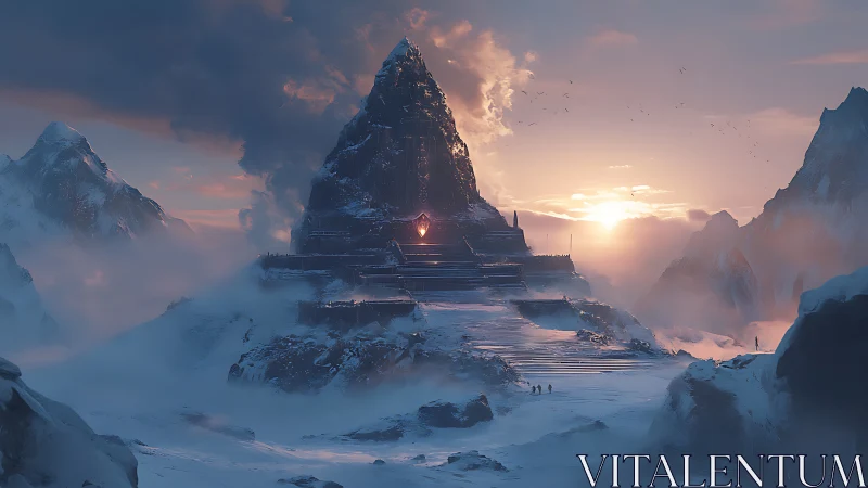 Frozen pyramid citadel under glowing mountain sunrise.