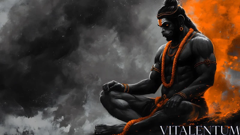 Mythic simian yogi in meditative pose with blazing aura.