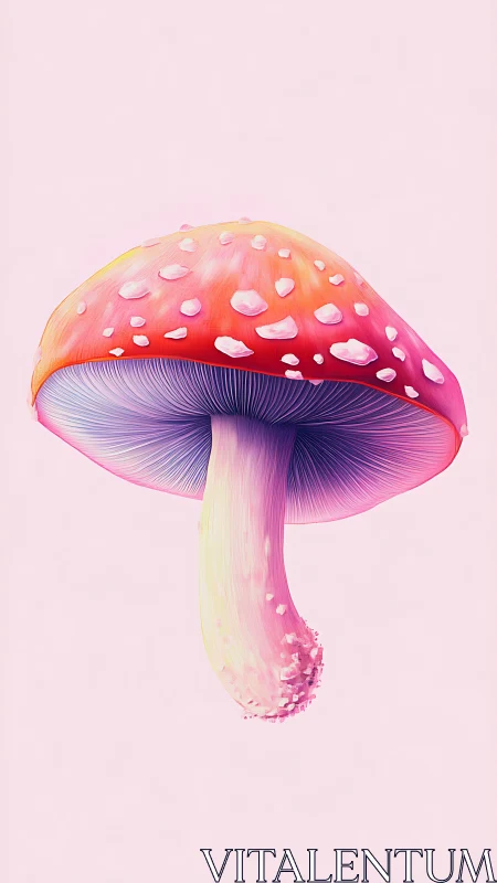 Neon fly agaric mushroom on soft pastel pink ground.