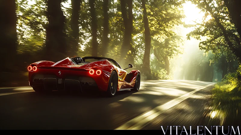 Red sports convertible on sunlit forest roadway.