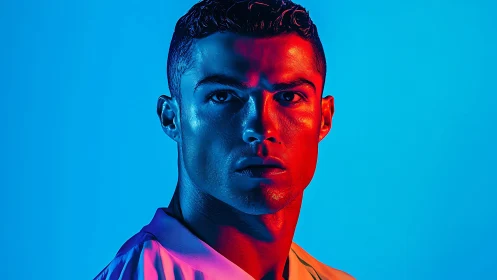 Bold portrait glowing in vivid blue and red light.