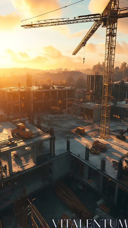 Tower Crane Construction Site at Golden Hour Sunrise.