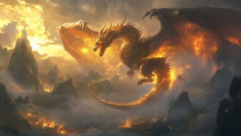 Fire dragon over volcanic mountain range at dusk.