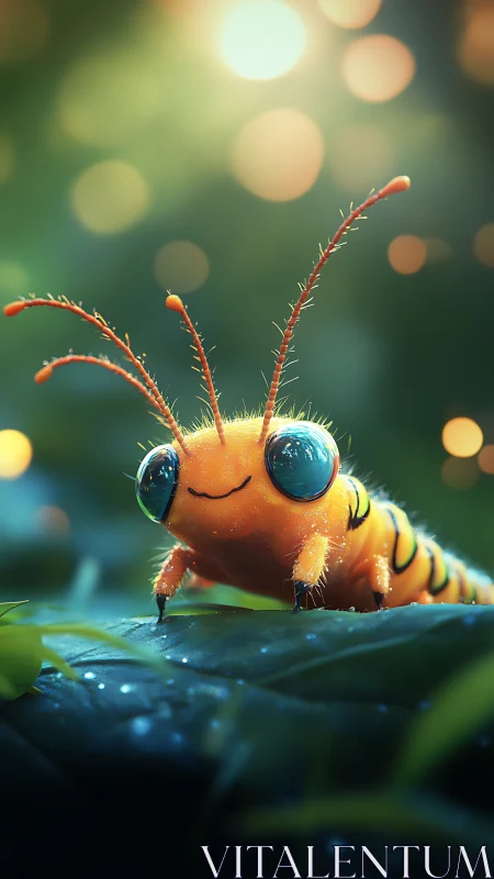 Bioluminescent cartoon caterpillar glows on dewy forest leaf