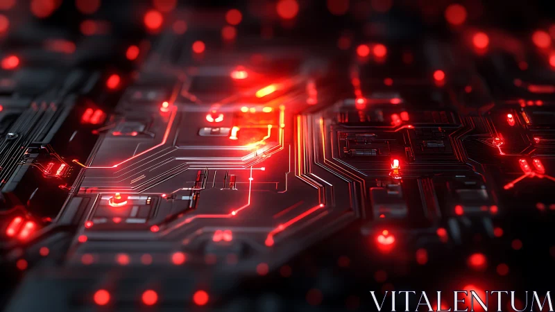 Red illuminated PCB surface renders high density signal routing