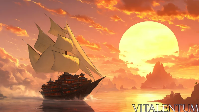 Golden sunset welcomes a majestic pagoda ship at sea