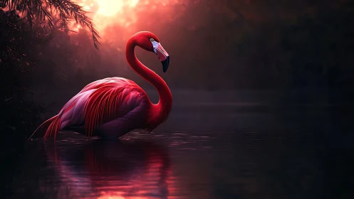 Solitary flamingo stands in reflective lagoon at crimson dusk