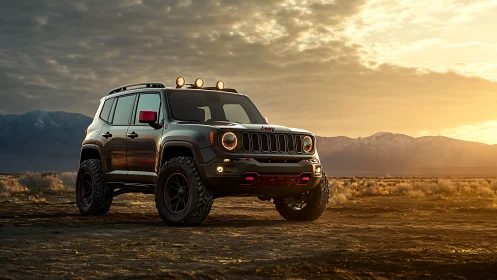 Off-road SUV rendered in dramatic sunset desert lighting