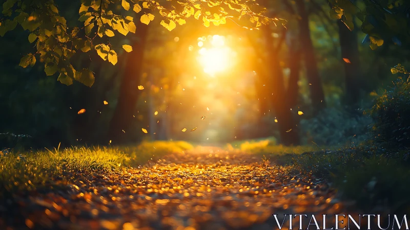Sunlit woodland path glowing with drifting amber leaves.