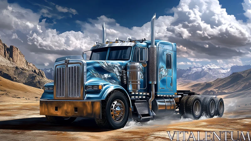 Sky-burnished blue semi thunders across wide desert horizon.