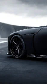 Matte black supercar prowls a stormy industrial track