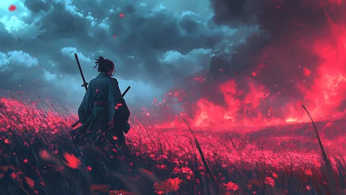 Samurai observes distant wildfire across red flower field