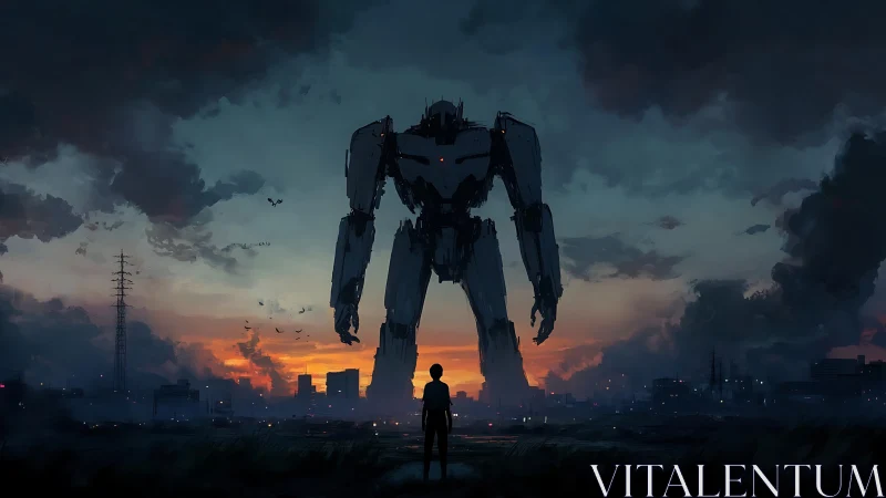 Silhouetted humanoid mech and lone figure in urban dusk sky.