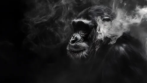 Monochrome chimpanzee portrait enveloped in drifting vapor