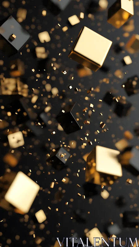 Golden volumetric cubes suspended in cinematic depth field.