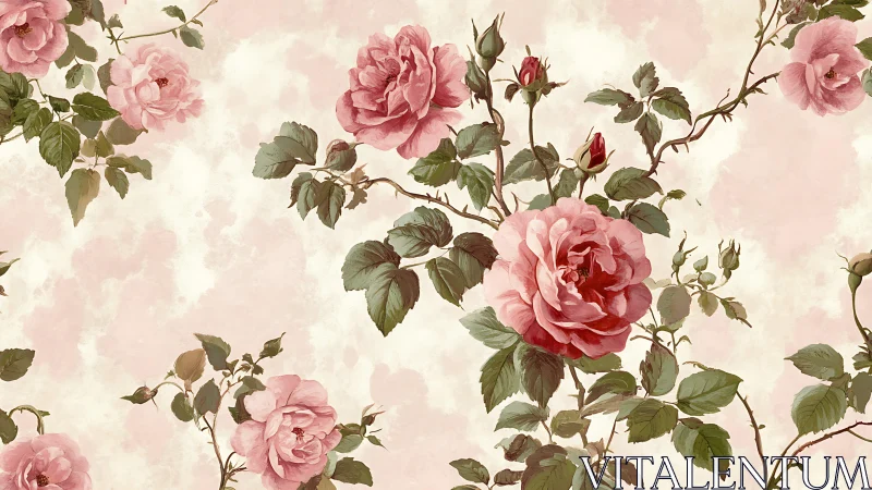 Vintage rose blossoms drift across soft pastel clouds.