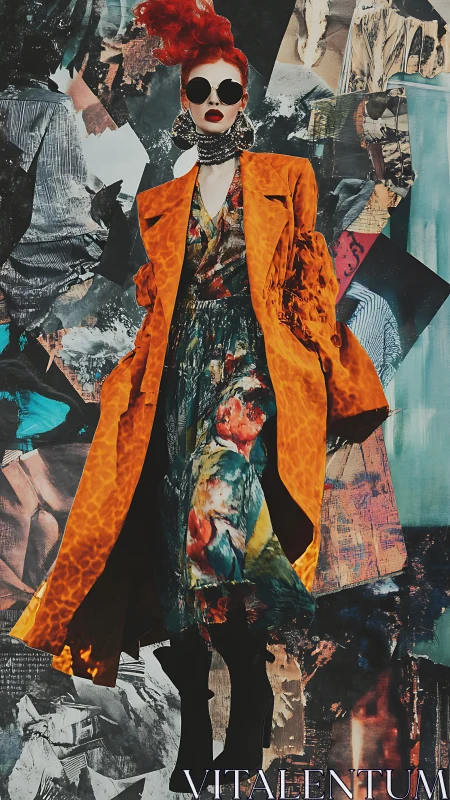 Model in orange coat against abstract collage backdrop.