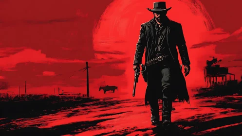 Solitary armed rider walks toward viewer against red sunset