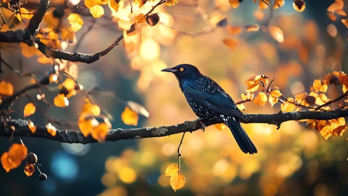 Blackbird perched on autumn branch in vibrant golden light.