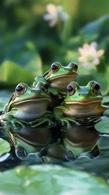 Three vibrant tree frogs rest together on a tranquil pond