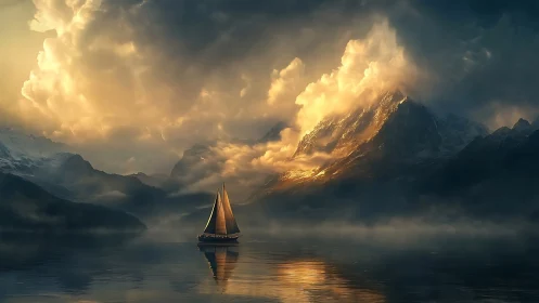 Digital painting of sailboat on misted lake before glowing peaks.