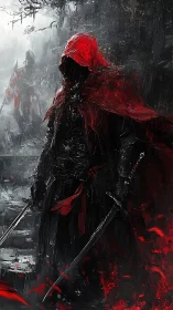 Red hooded rogue walking through a storm of whispered steel.