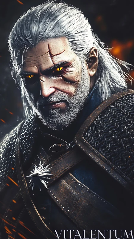 White-haired armored swordsman with glowing eyes portrait.