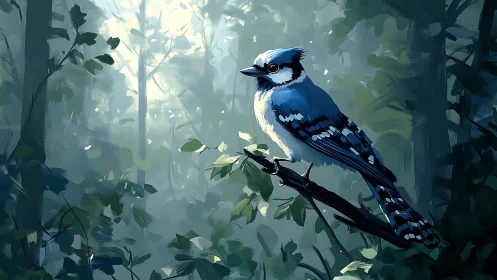 Blue Jay Perched on Branch in Misty Forest, Digital Painting.