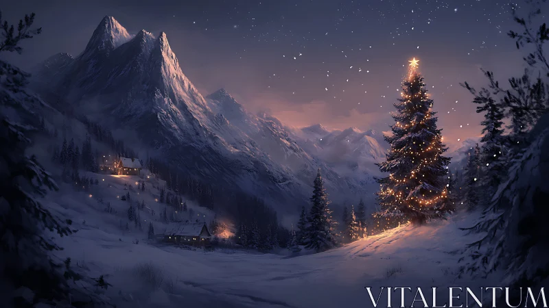 Winter mountain valley with glowing Christmas tree at dusk.