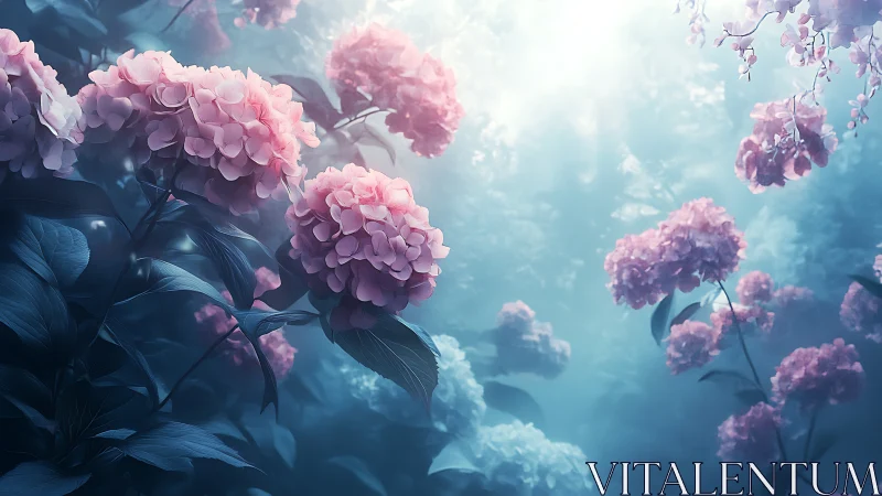 Pink Peonies Blooming in Ethereal Blue Atmosphere