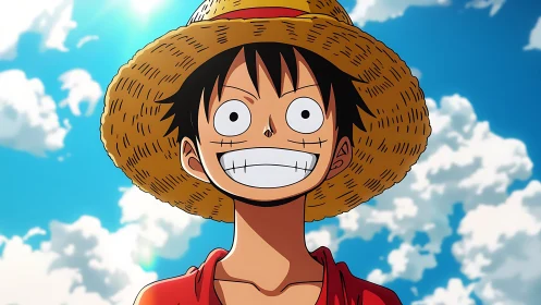 Anime portrait with straw hat under high-key sky backdrop.