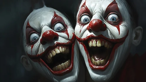Grotesque twin clowns in hyperreal close-up horror portrait