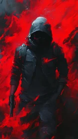Hooded gunman strides through blazing abstract red inferno.