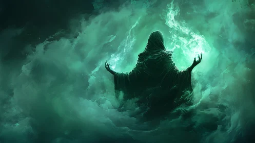 Hooded sorcerer commands emerald storm of spectral magic.