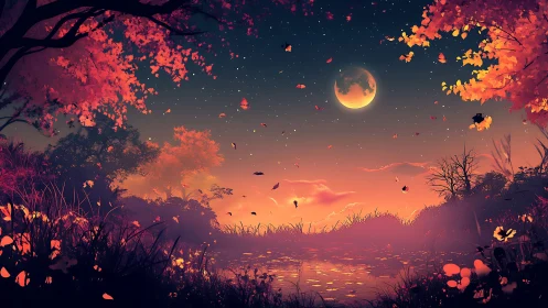 Moonlit autumn pond glows softly under a dreamy starry sky
