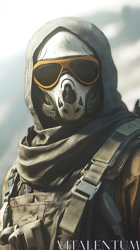 Masked wanderer in desert gear under soft morning light.