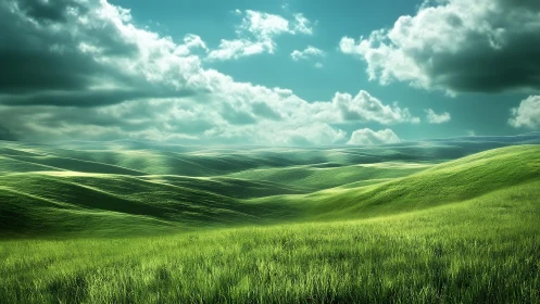 Digitally rendered rolling grass hills under dense cloud cover