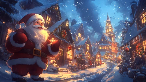 Jolly village stroll of storybook Santa in glowing snowfall.