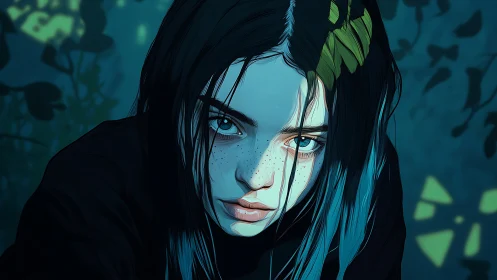 Freckled blue-eyed girl stares upward in teal forest light