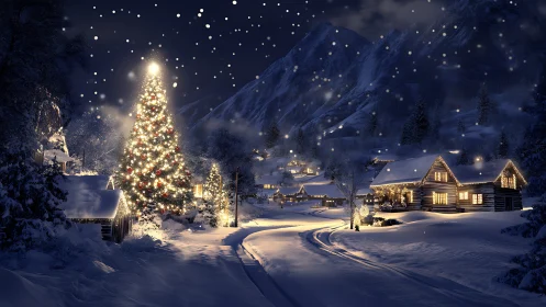 Snowy alpine village with illuminated Christmas tree at night.