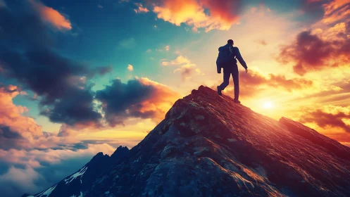 Hiker on rugged mountain ridge under vivid sunset sky.