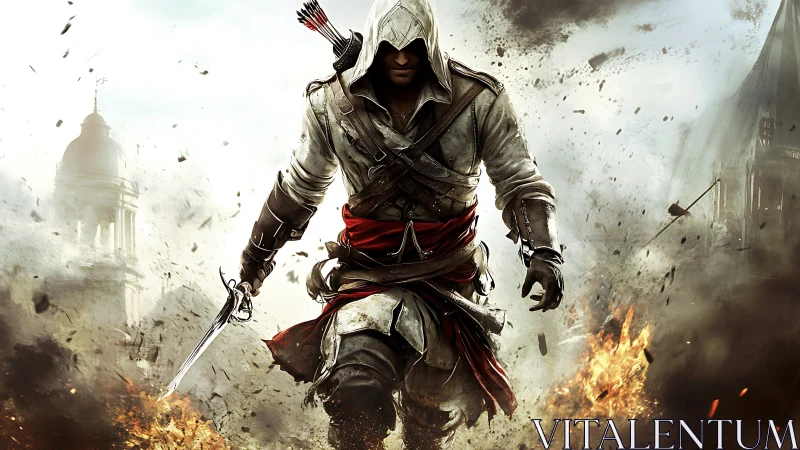 Hooded combat operative advancing through explosive urban chaos.