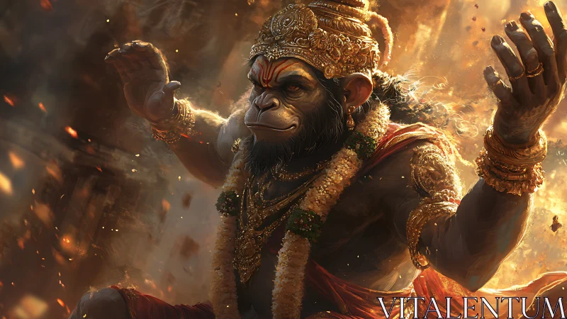 Mythic warrior deity rendered in fiery digital realism.