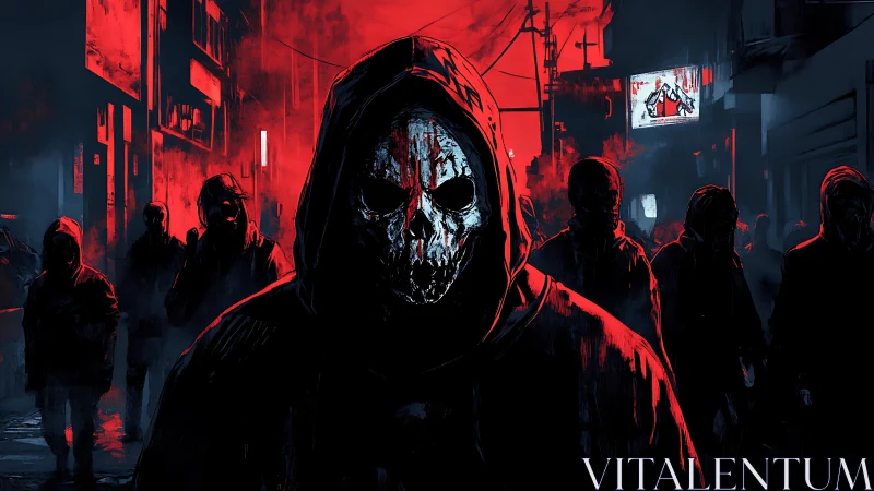 Hooded skull-masked figure leads silhouetted crowd through red-lit alley