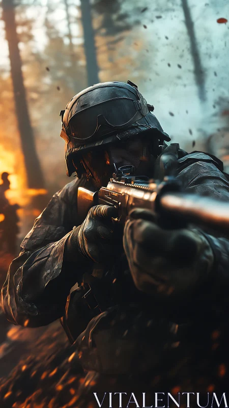 Soldier aims rifle in forest combat with dynamic debris