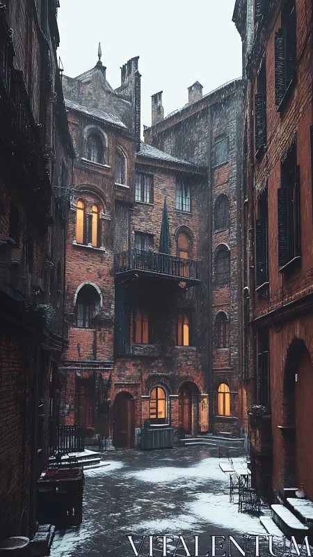 Winter courtyard glow in a quiet brickwork labyrinth.